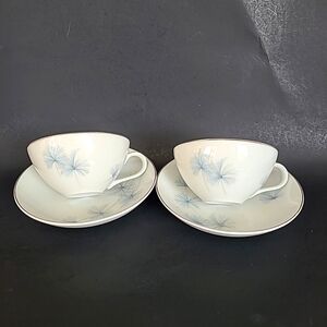 Fine China Star Dust Teacup and Saucer Set of 2 Japan White Blue Flowers
